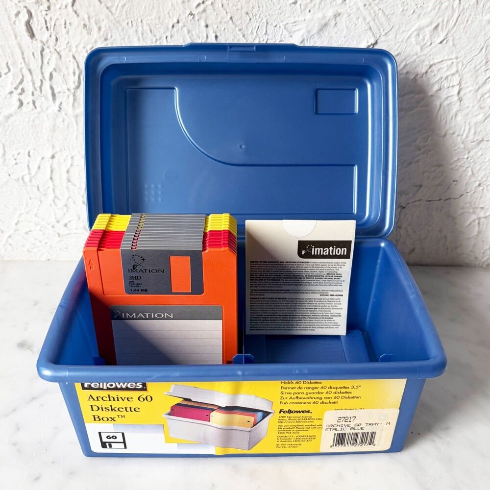 Vintage Fellowes Archive 60 Diskette Box Storage Case + 13 Floppy Disks & Labels